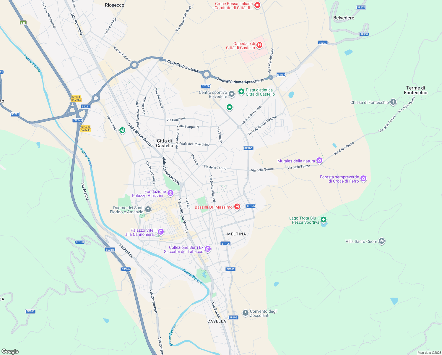 map of restaurants, bars, coffee shops, grocery stores, and more near 9 Via Cecco Angiolieri in Città di Castello