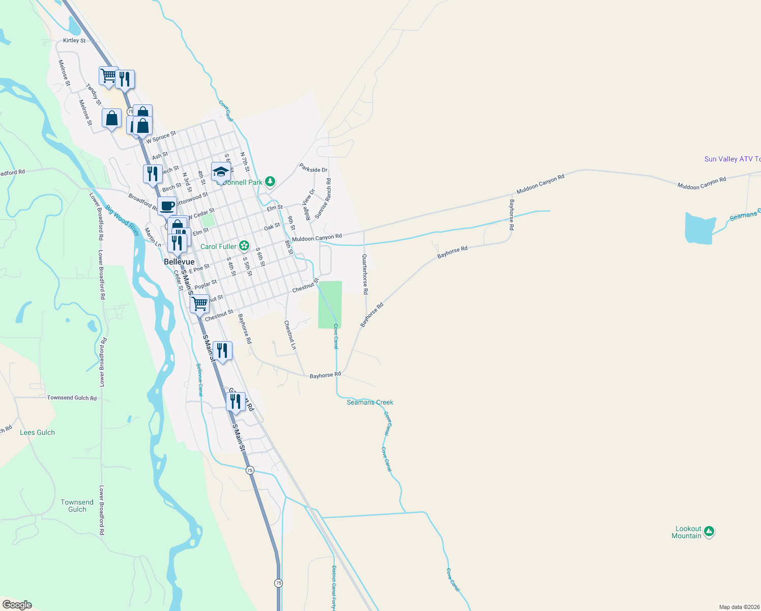 map of restaurants, bars, coffee shops, grocery stores, and more near Bayhorse Road in Bellevue