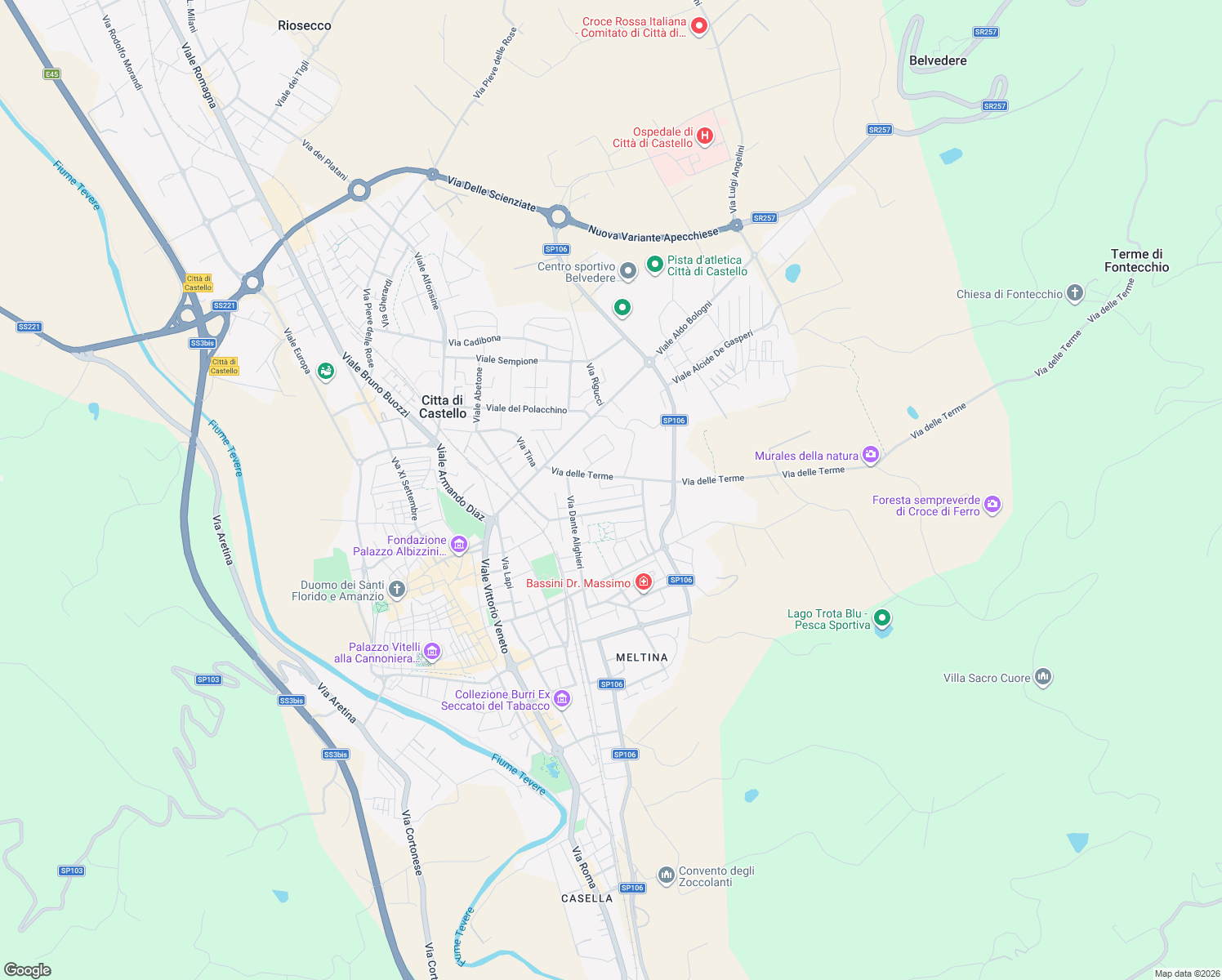 map of restaurants, bars, coffee shops, grocery stores, and more near 9 Via Cecco Angiolieri in Città di Castello