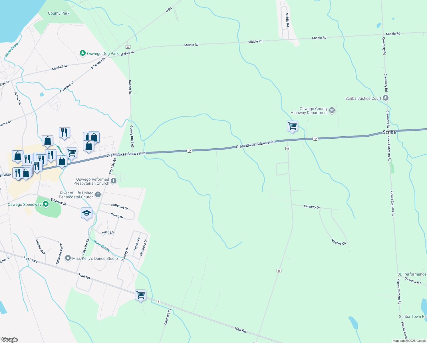 map of restaurants, bars, coffee shops, grocery stores, and more near 34 Simpson Dr in Oswego
