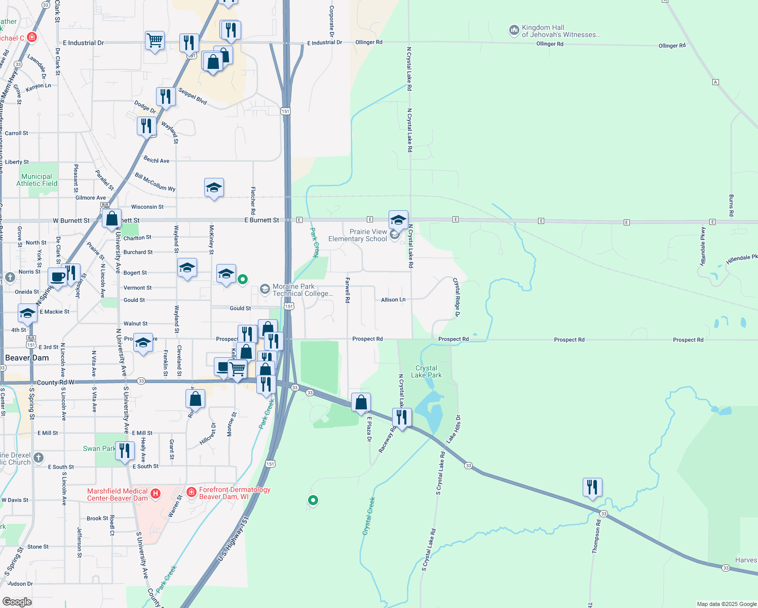 map of restaurants, bars, coffee shops, grocery stores, and more near 311 Morgan Ln in Beaver Dam