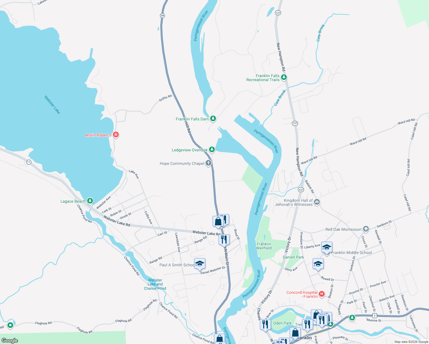 map of restaurants, bars, coffee shops, grocery stores, and more near 15 Ledgeview Drive in Franklin