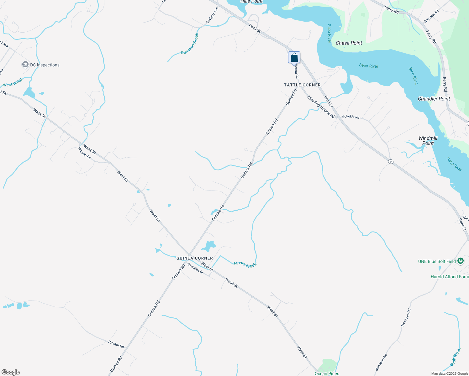 map of restaurants, bars, coffee shops, grocery stores, and more near 121 Guinea Road in Biddeford