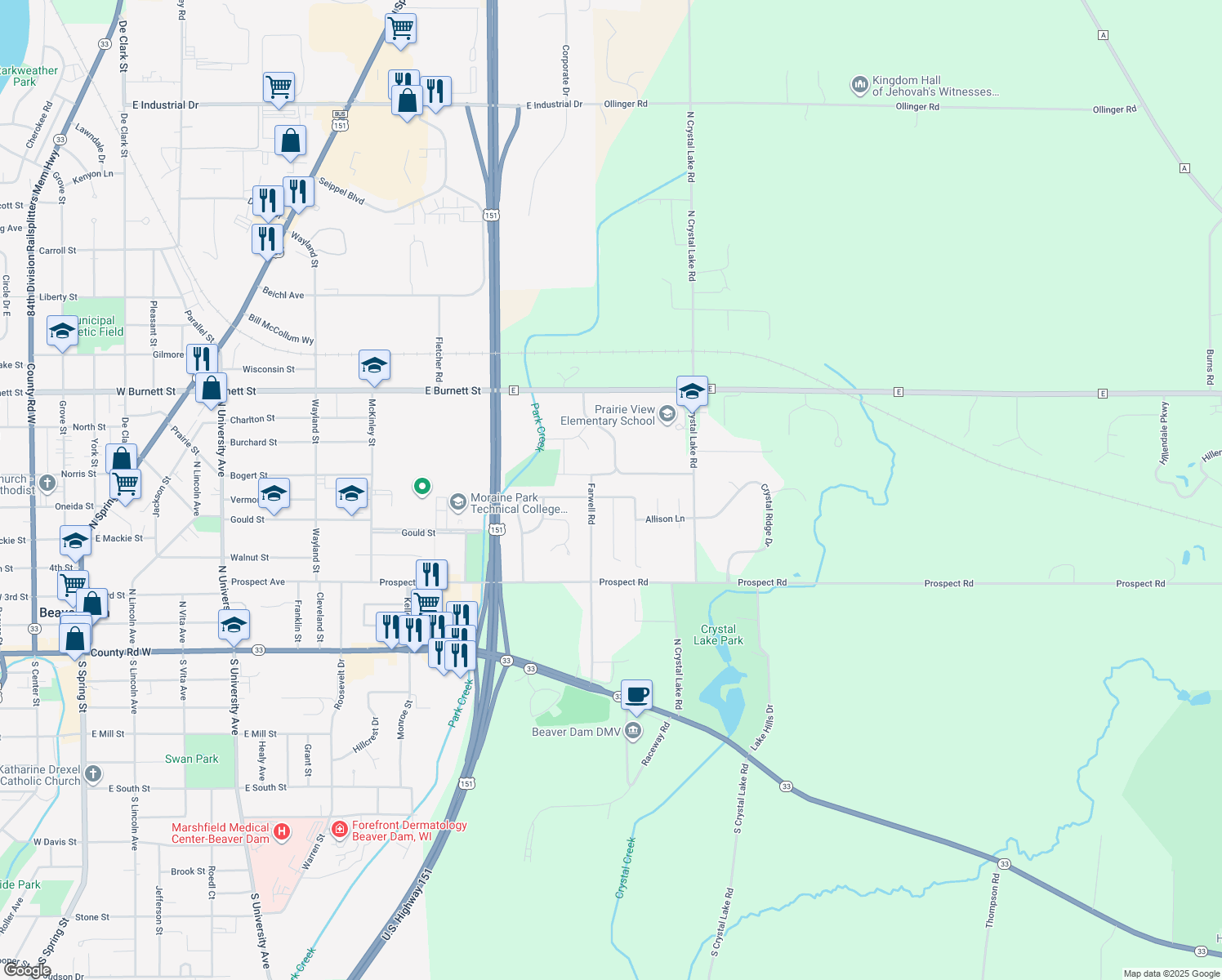 map of restaurants, bars, coffee shops, grocery stores, and more near 504 Eilbes Avenue in Beaver Dam