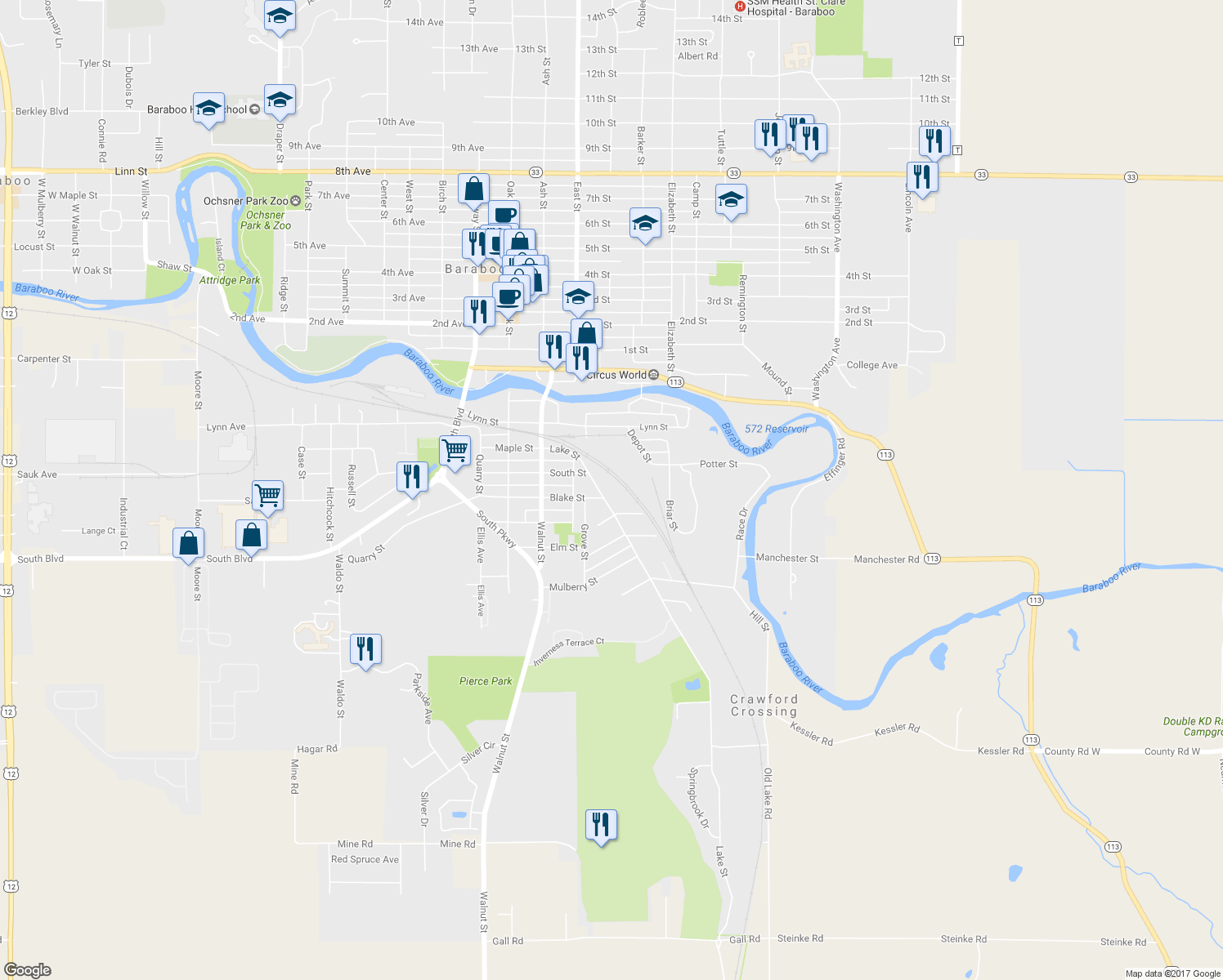 map of restaurants, bars, coffee shops, grocery stores, and more near 429 Lake Street in Baraboo