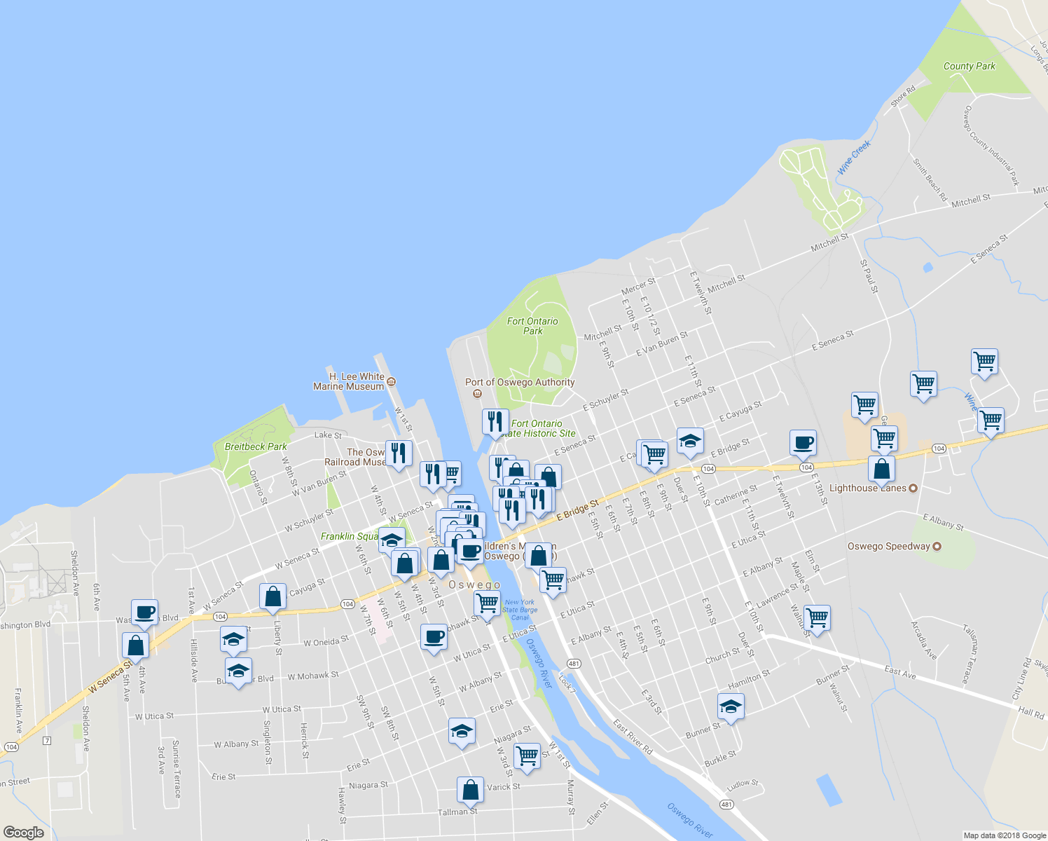 map of restaurants, bars, coffee shops, grocery stores, and more near 19 East Schuyler Street in Oswego