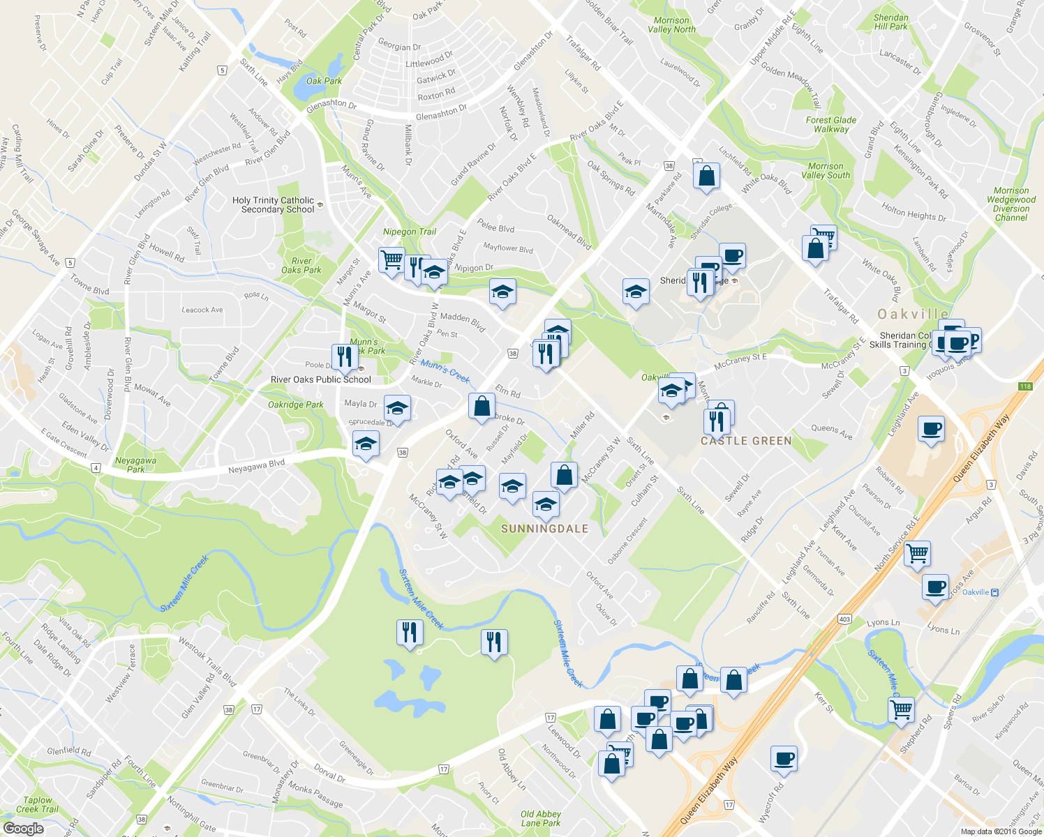 map of restaurants, bars, coffee shops, grocery stores, and more near 1491 Pembroke Drive in Oakville