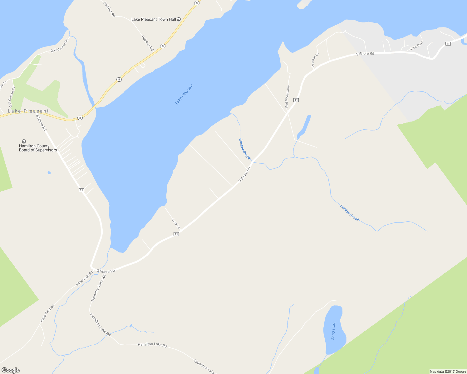 map of restaurants, bars, coffee shops, grocery stores, and more near South Shore Road in Lake Pleasant