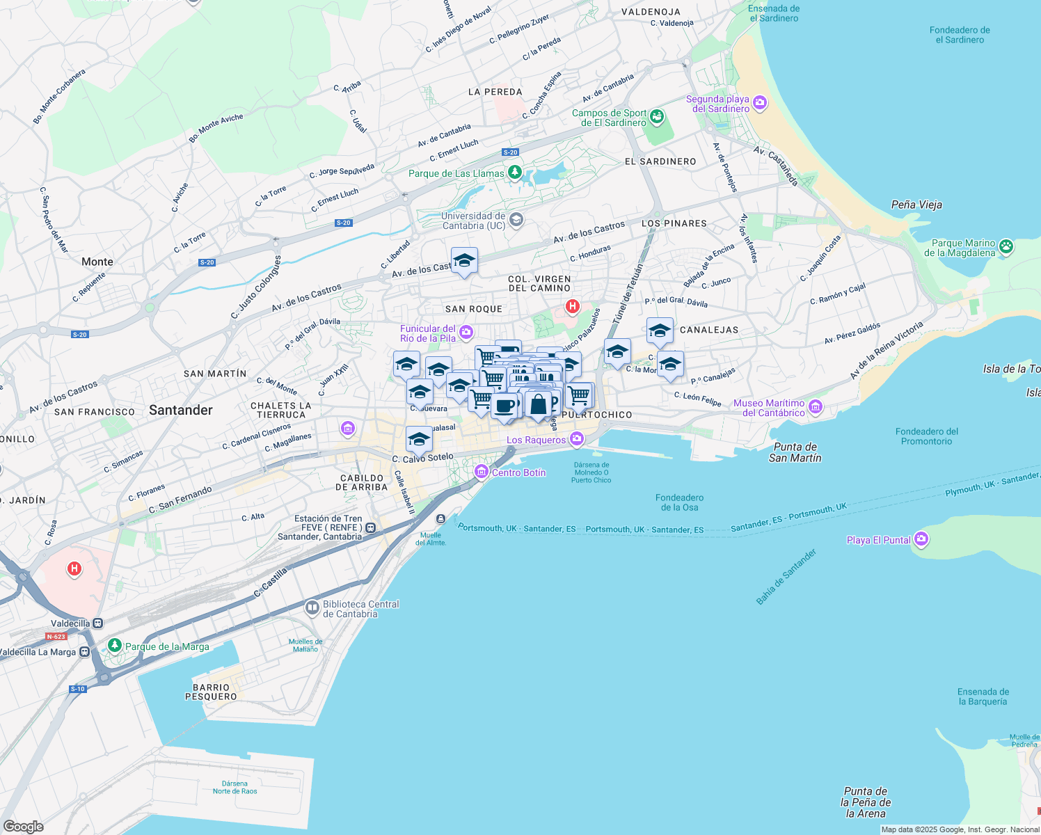 map of restaurants, bars, coffee shops, grocery stores, and more near 5 Plaza Cañadío in Santander