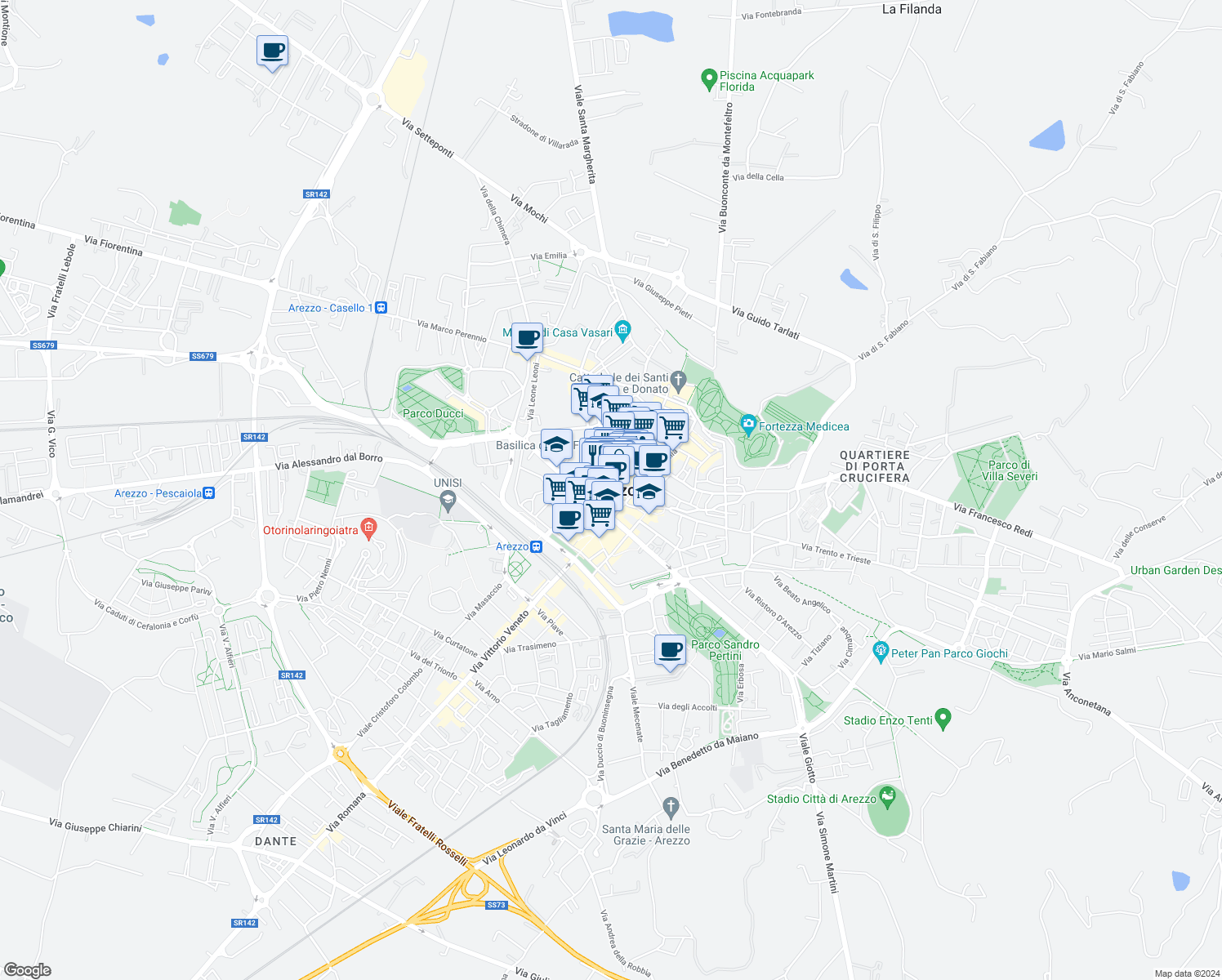 map of restaurants, bars, coffee shops, grocery stores, and more near in Arezzo