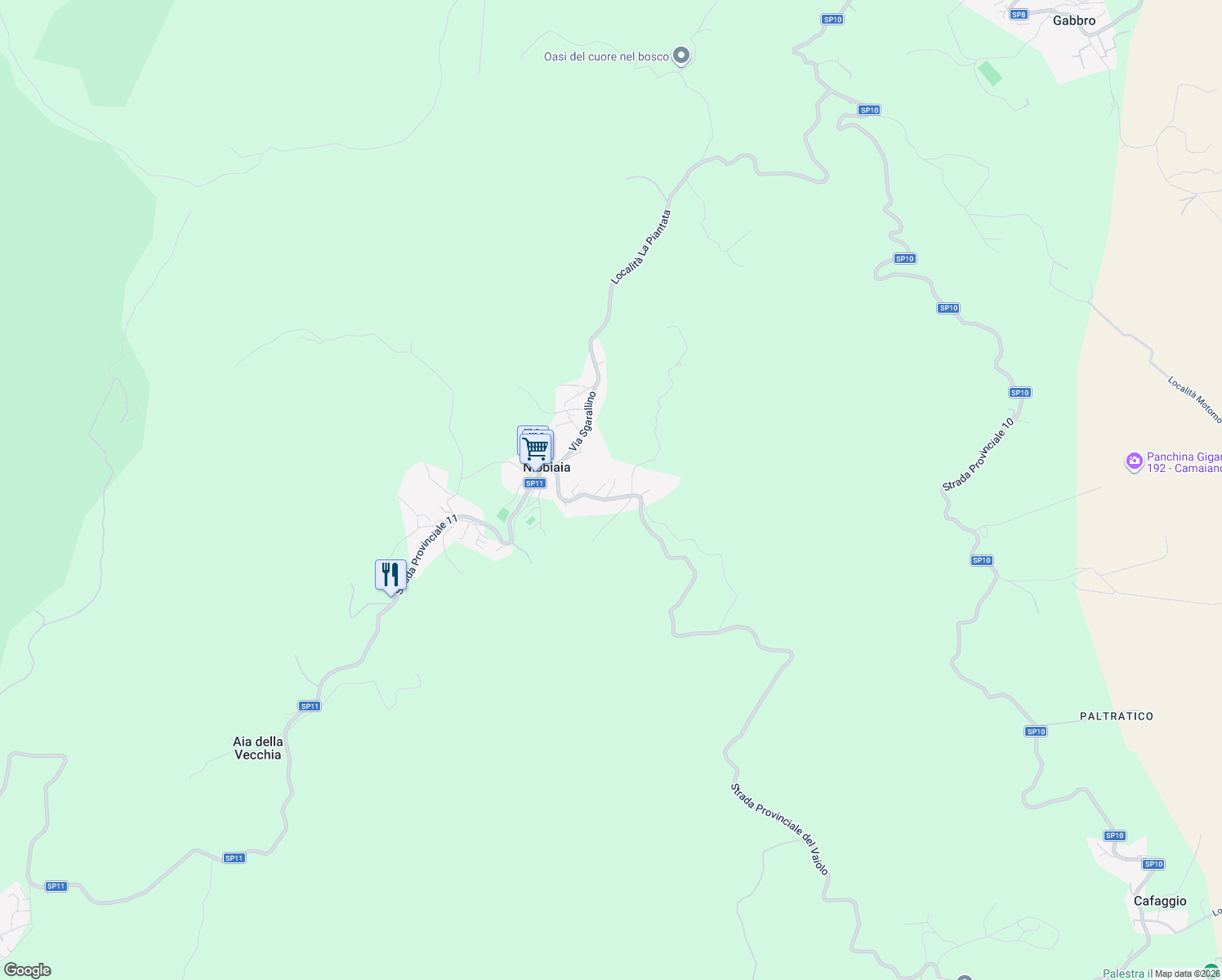 map of restaurants, bars, coffee shops, grocery stores, and more near 83 Via Bernardo Buontalenti in Nibbiaia