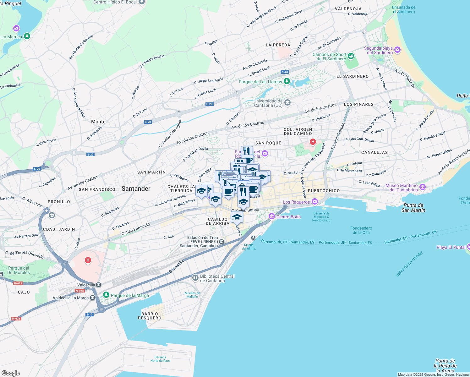 map of restaurants, bars, coffee shops, grocery stores, and more near 12 Calle Guevara in Santander