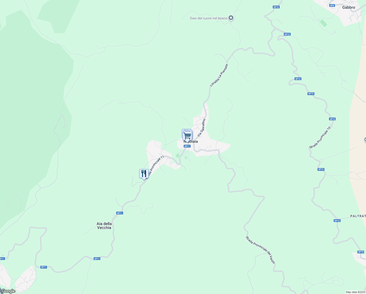 map of restaurants, bars, coffee shops, grocery stores, and more near 13 Via Aurelio Saffi in Nibbiaia