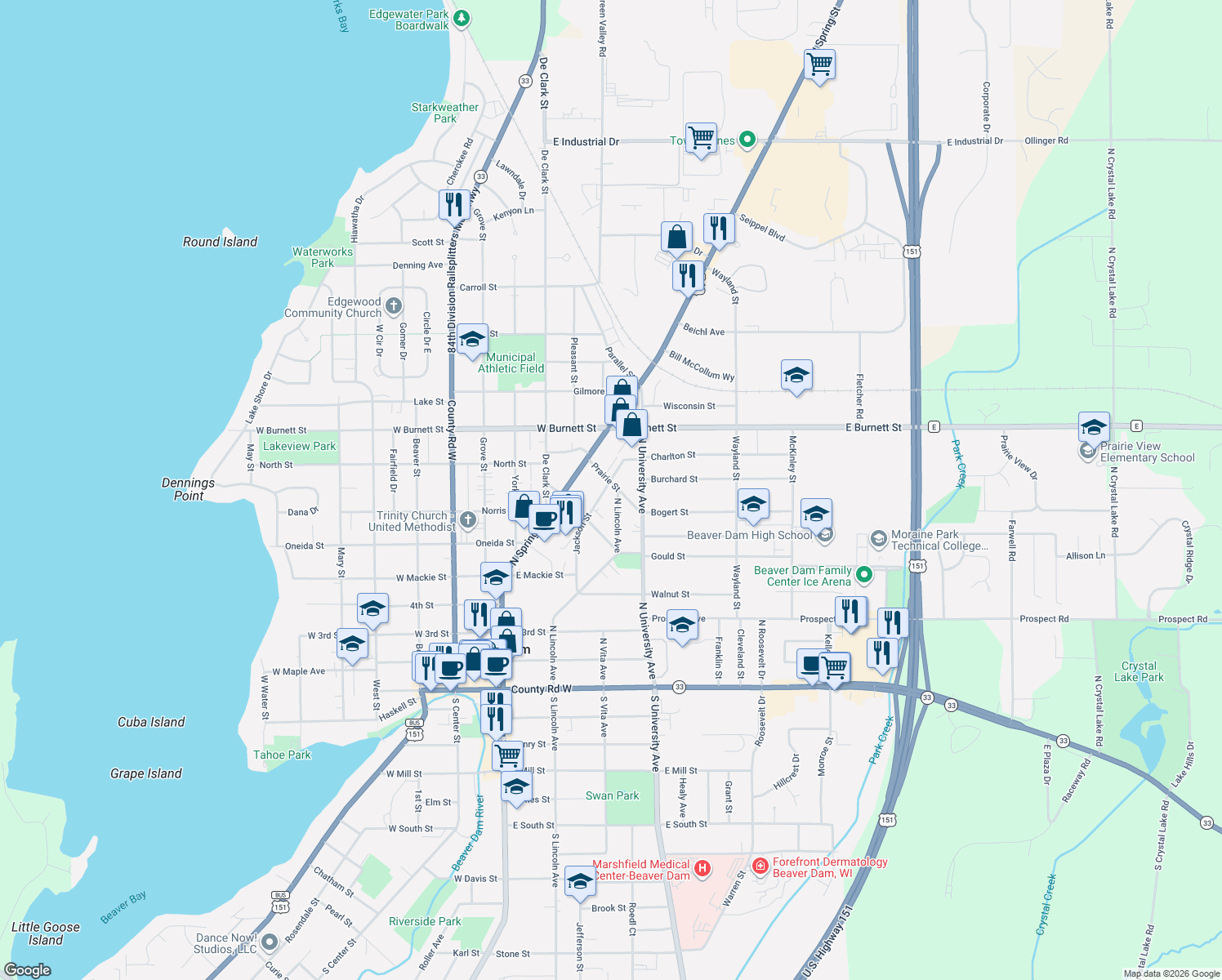 map of restaurants, bars, coffee shops, grocery stores, and more near 329 Jackson St in Beaver Dam