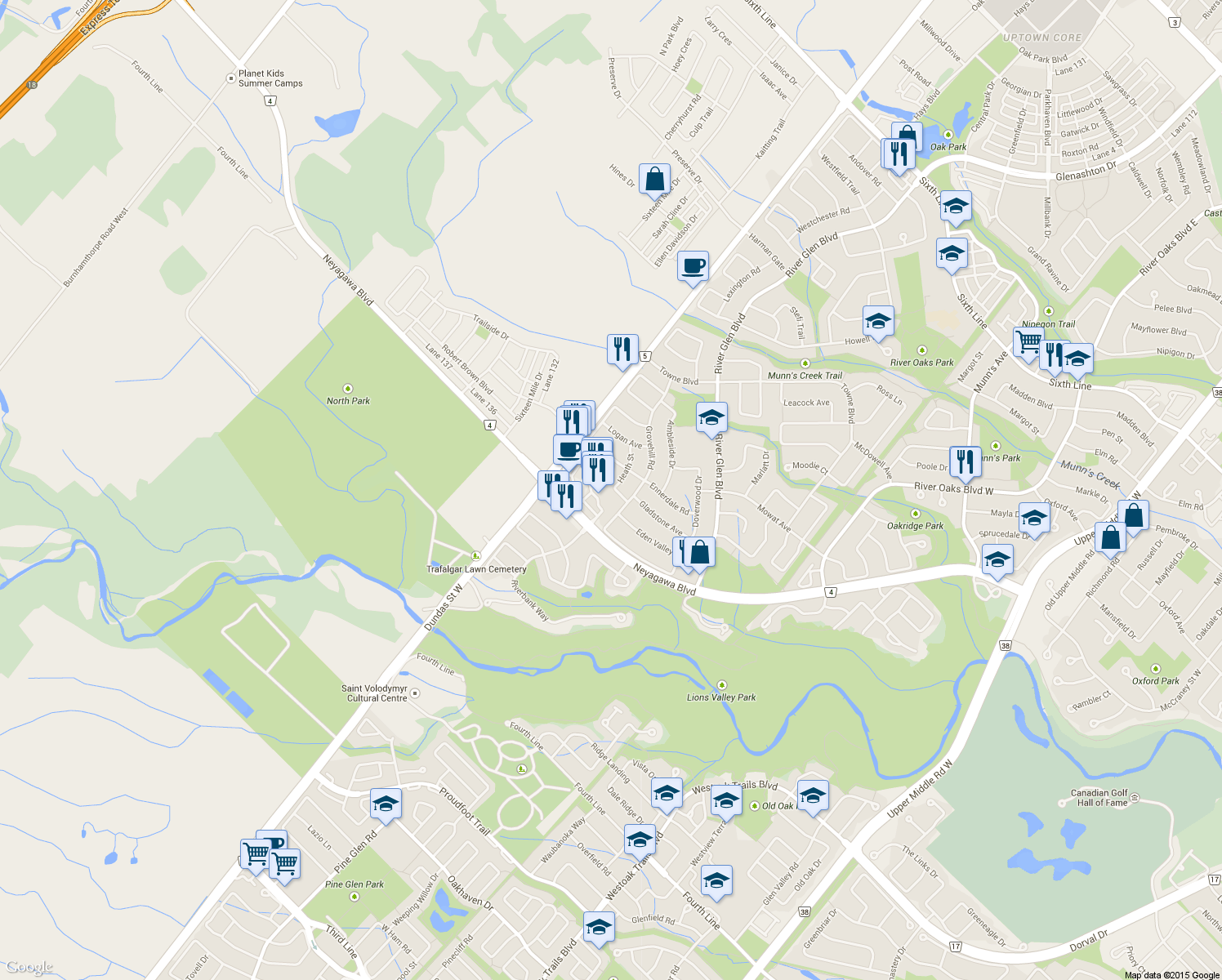 map of restaurants, bars, coffee shops, grocery stores, and more near 505 Heath Street in Oakville