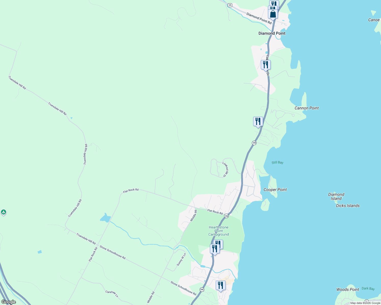 map of restaurants, bars, coffee shops, grocery stores, and more near Shaw Road in Lake George