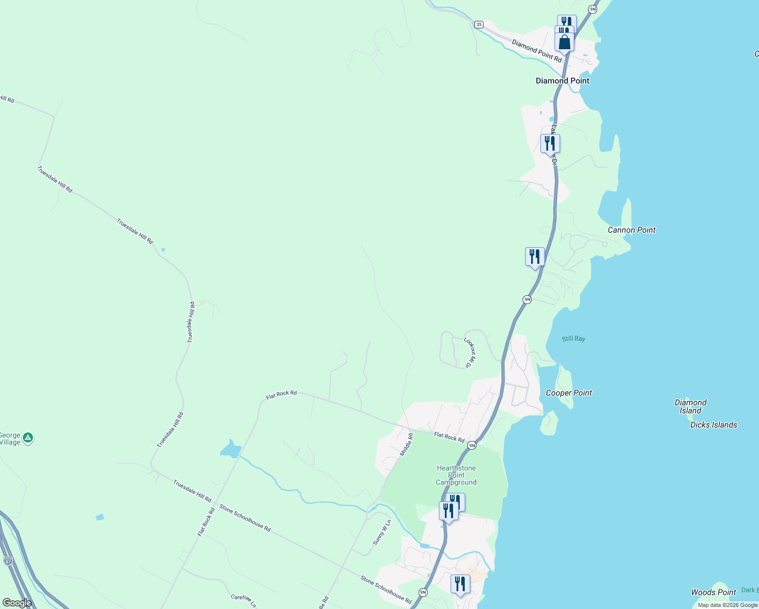 map of restaurants, bars, coffee shops, grocery stores, and more near Shaw Rd in Lake George