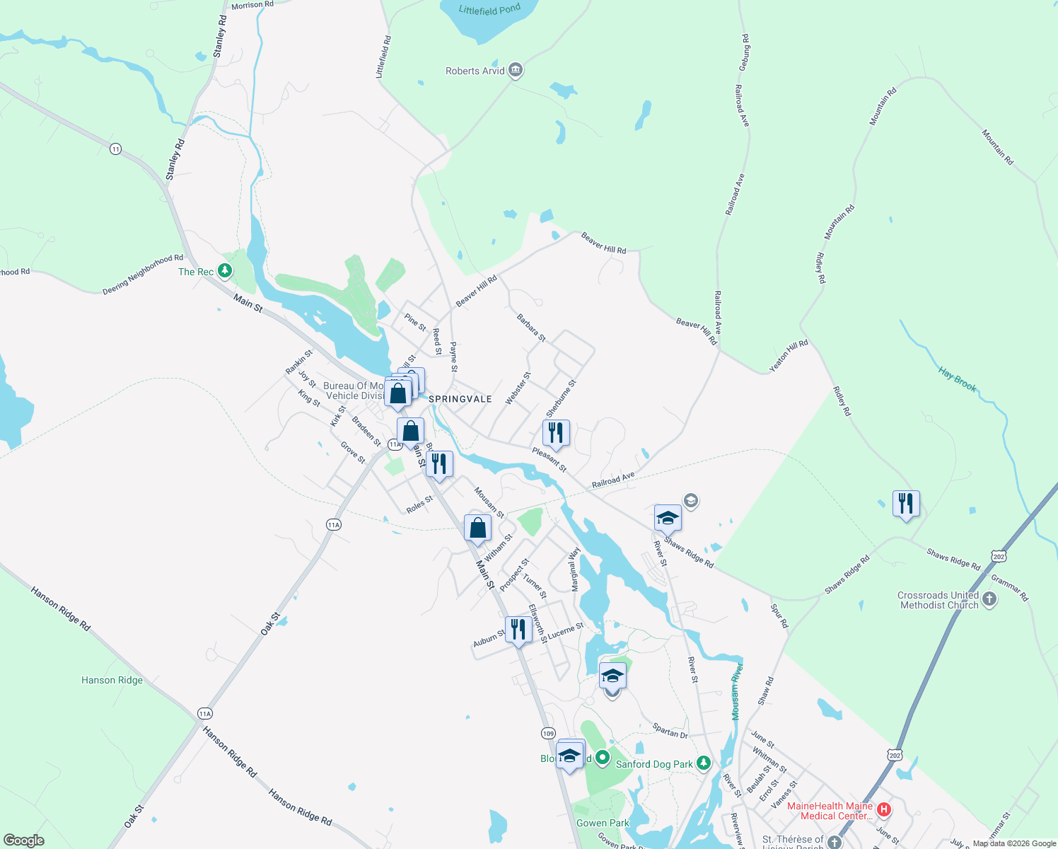 map of restaurants, bars, coffee shops, grocery stores, and more near 17 Weeman Street in Sanford
