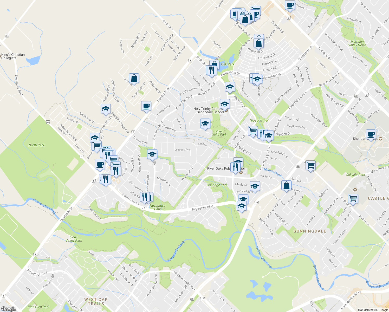 map of restaurants, bars, coffee shops, grocery stores, and more near 255 Callaghan Crescent in Oakville