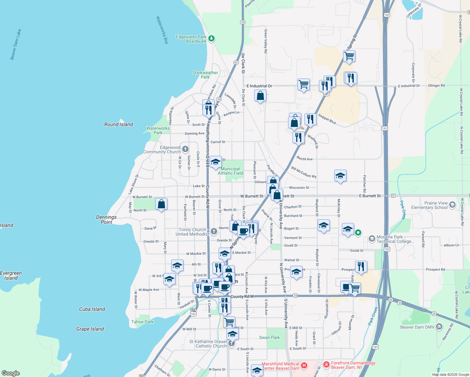 map of restaurants, bars, coffee shops, grocery stores, and more near 513 York Street in Beaver Dam