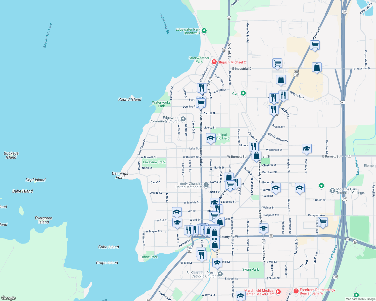 map of restaurants, bars, coffee shops, grocery stores, and more near 908 Beaver Street in Beaver Dam