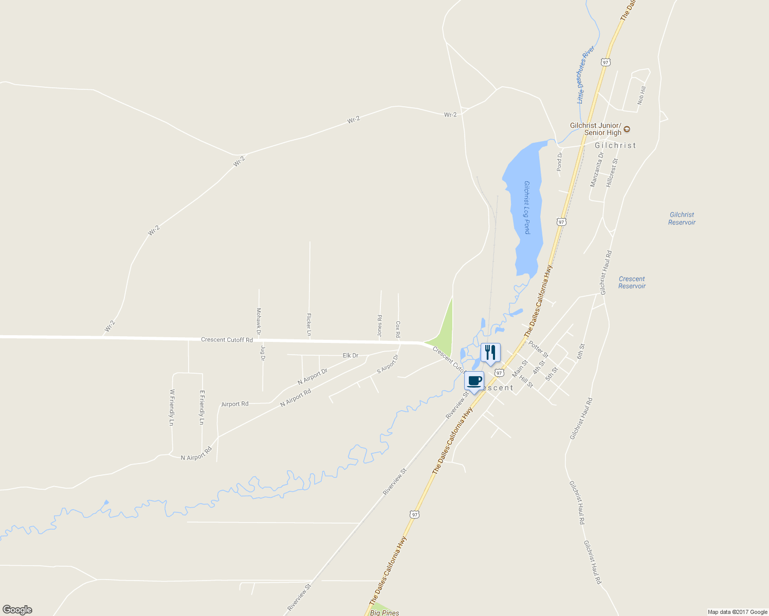 map of restaurants, bars, coffee shops, grocery stores, and more near 137125 Bitterbrush Lane in Crescent