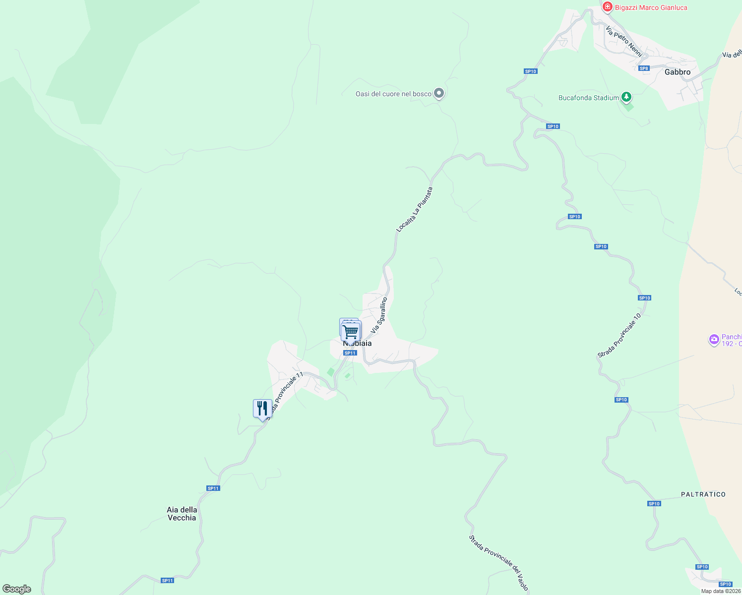 map of restaurants, bars, coffee shops, grocery stores, and more near 55 Via Sgarallino in Nibbiaia