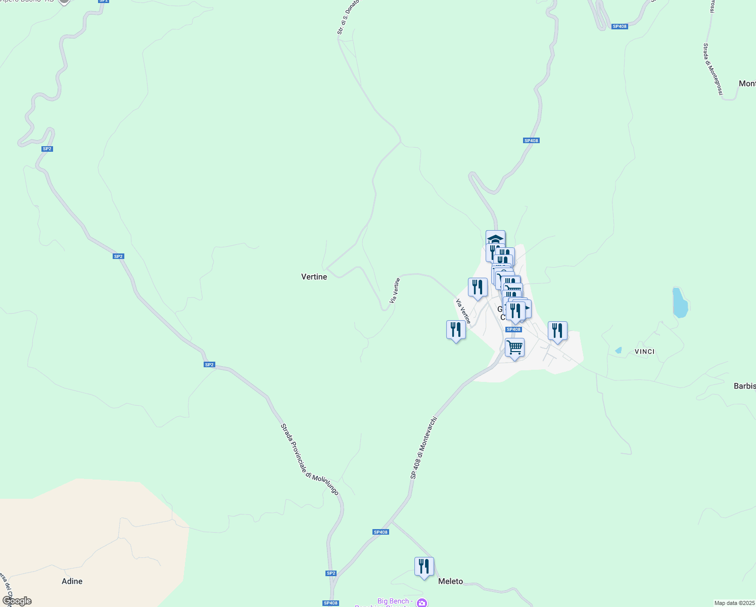 map of restaurants, bars, coffee shops, grocery stores, and more near Via Vertine in Gaiole In Chianti