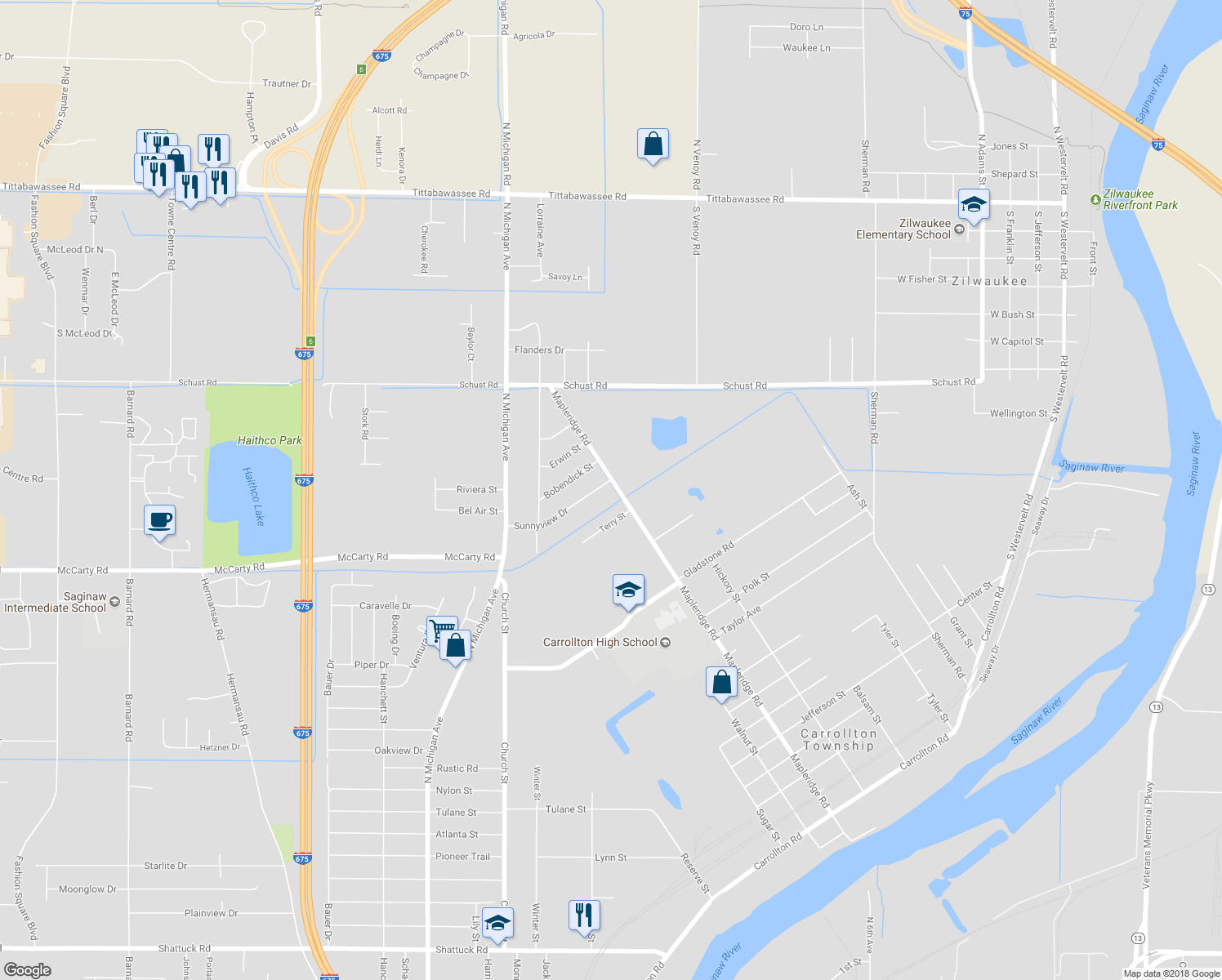map of restaurants, bars, coffee shops, grocery stores, and more near 1900 Mapleridge Road in Saginaw
