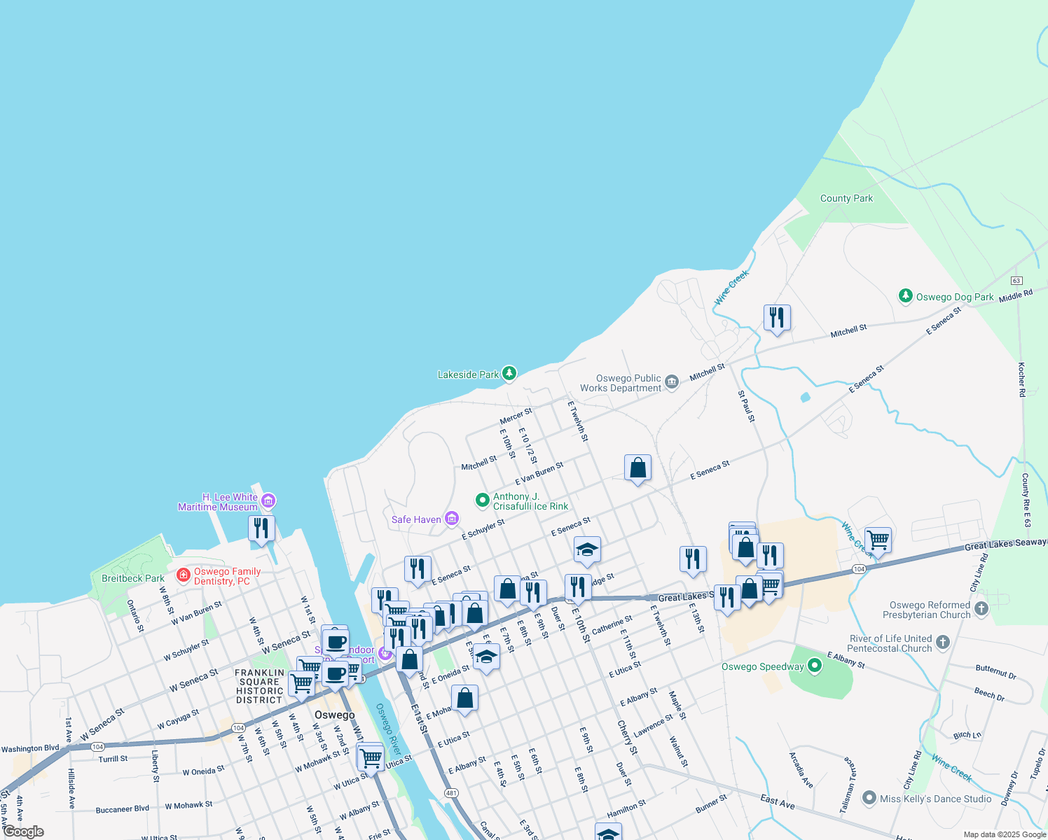 map of restaurants, bars, coffee shops, grocery stores, and more near 40 Mercer St in Oswego