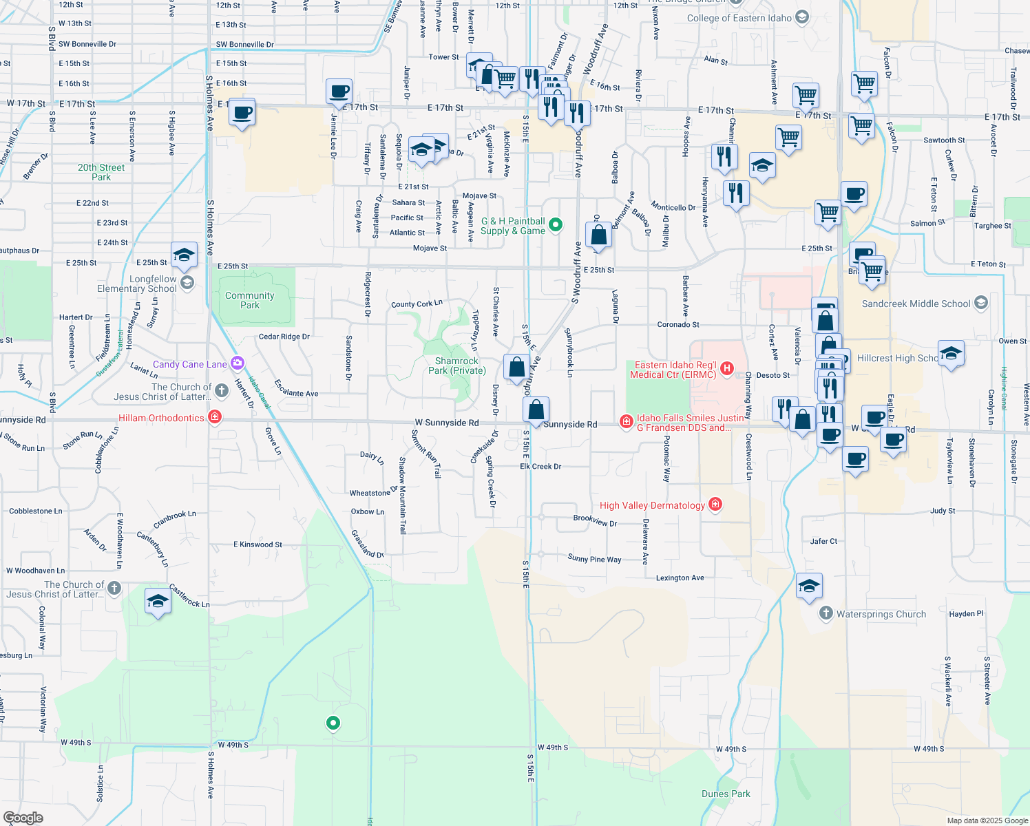map of restaurants, bars, coffee shops, grocery stores, and more near 3240 S Woodruff Ave in Idaho Falls