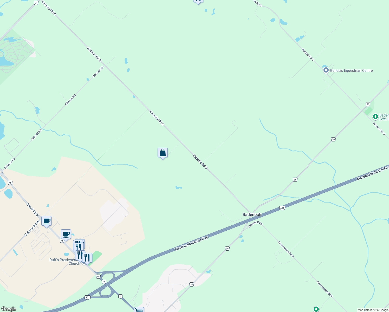 map of restaurants, bars, coffee shops, grocery stores, and more near 4288 Victoria Road South in Puslinch