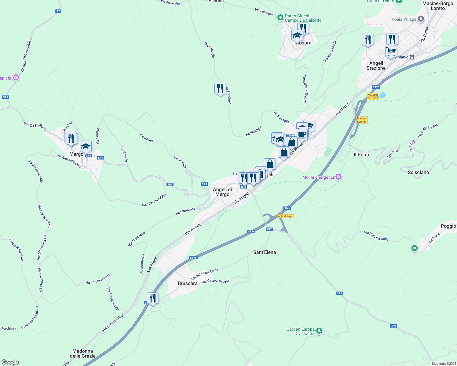 map of restaurants, bars, coffee shops, grocery stores, and more near 36 Via Giacomo Matteotti in Angeli di Mergo