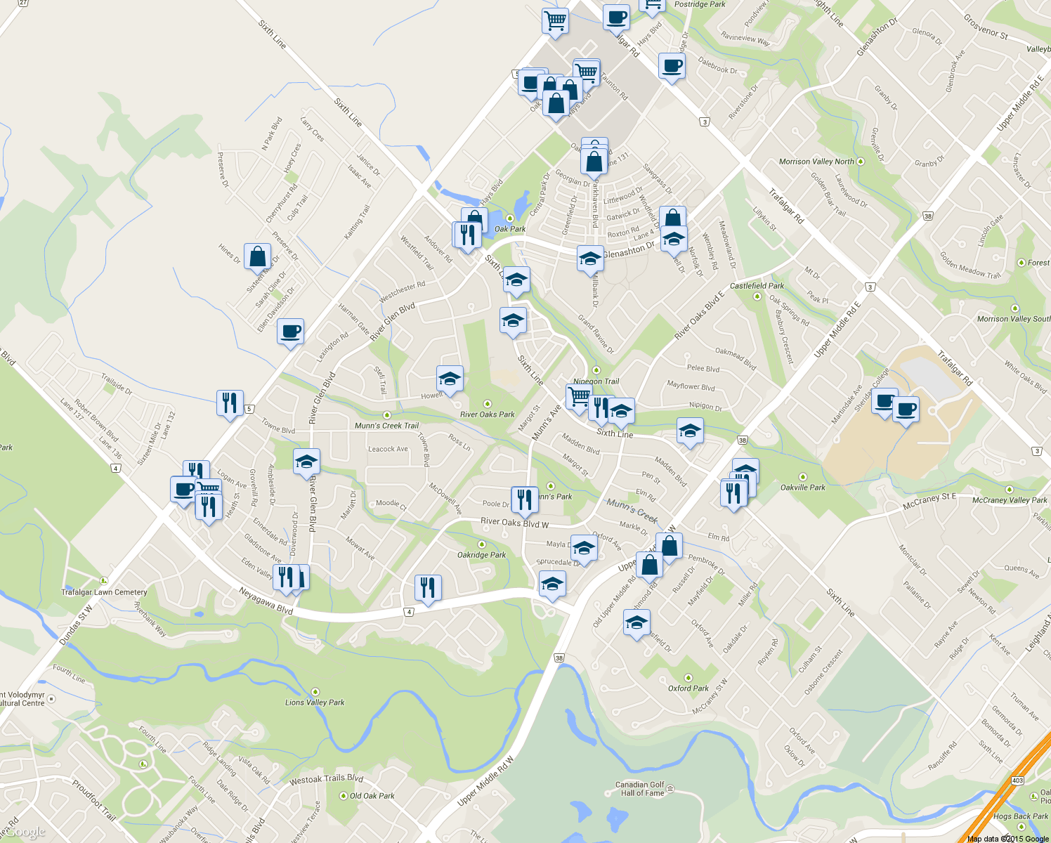 map of restaurants, bars, coffee shops, grocery stores, and more near 2256 Margot Street in Oakville
