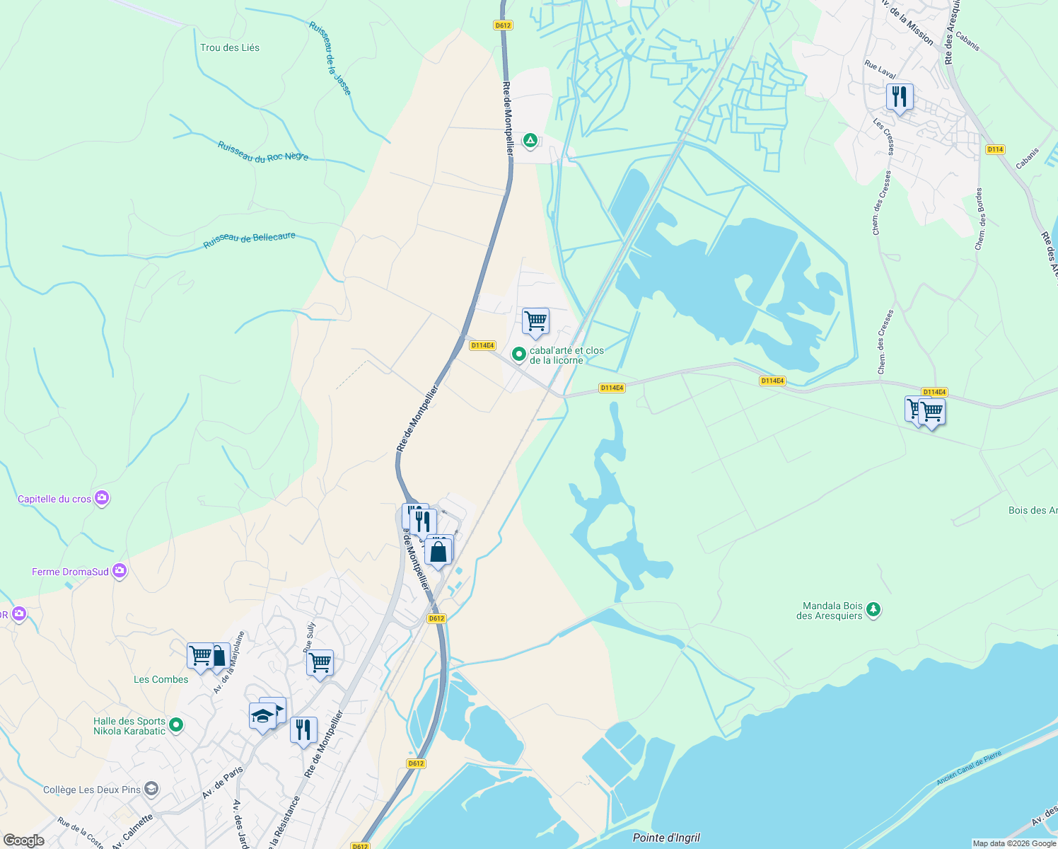 map of restaurants, bars, coffee shops, grocery stores, and more near in Mireval