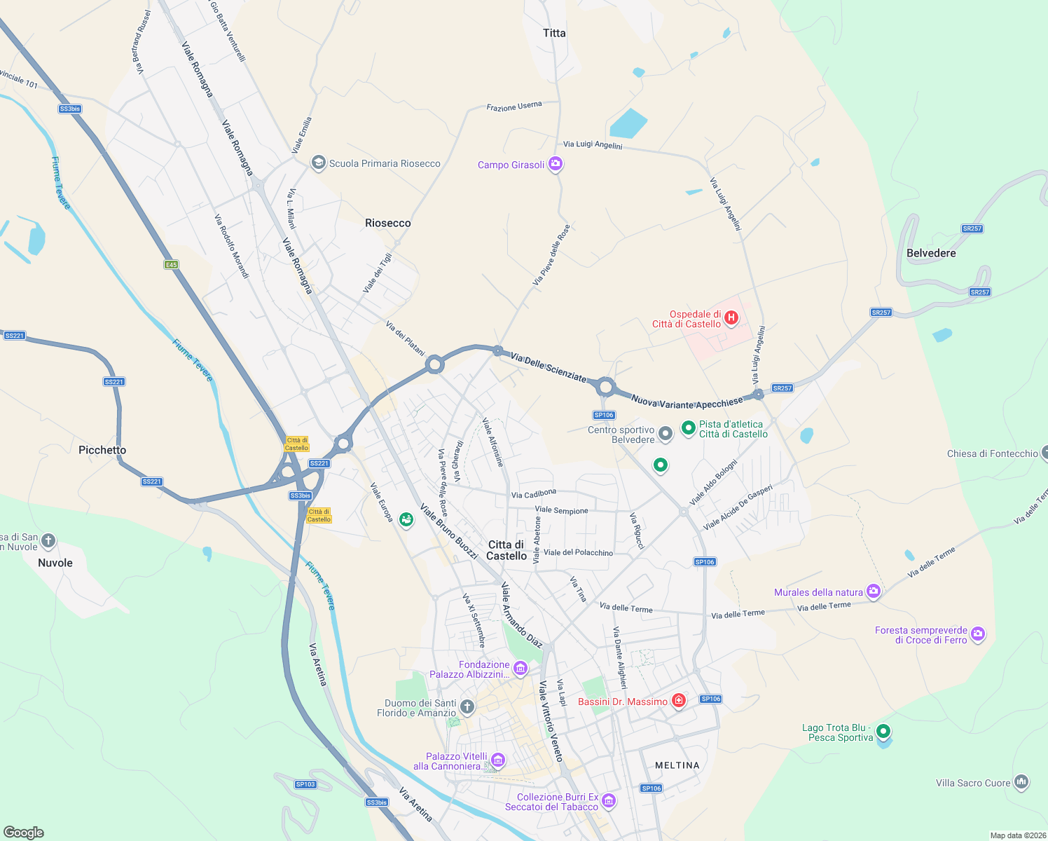 map of restaurants, bars, coffee shops, grocery stores, and more near 39a Via Roberto Arcaleni in Città di Castello