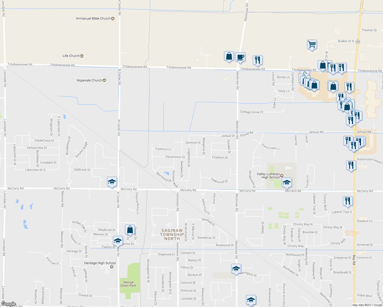 map of restaurants, bars, coffee shops, grocery stores, and more near 5146 Loganberry Drive in Saginaw