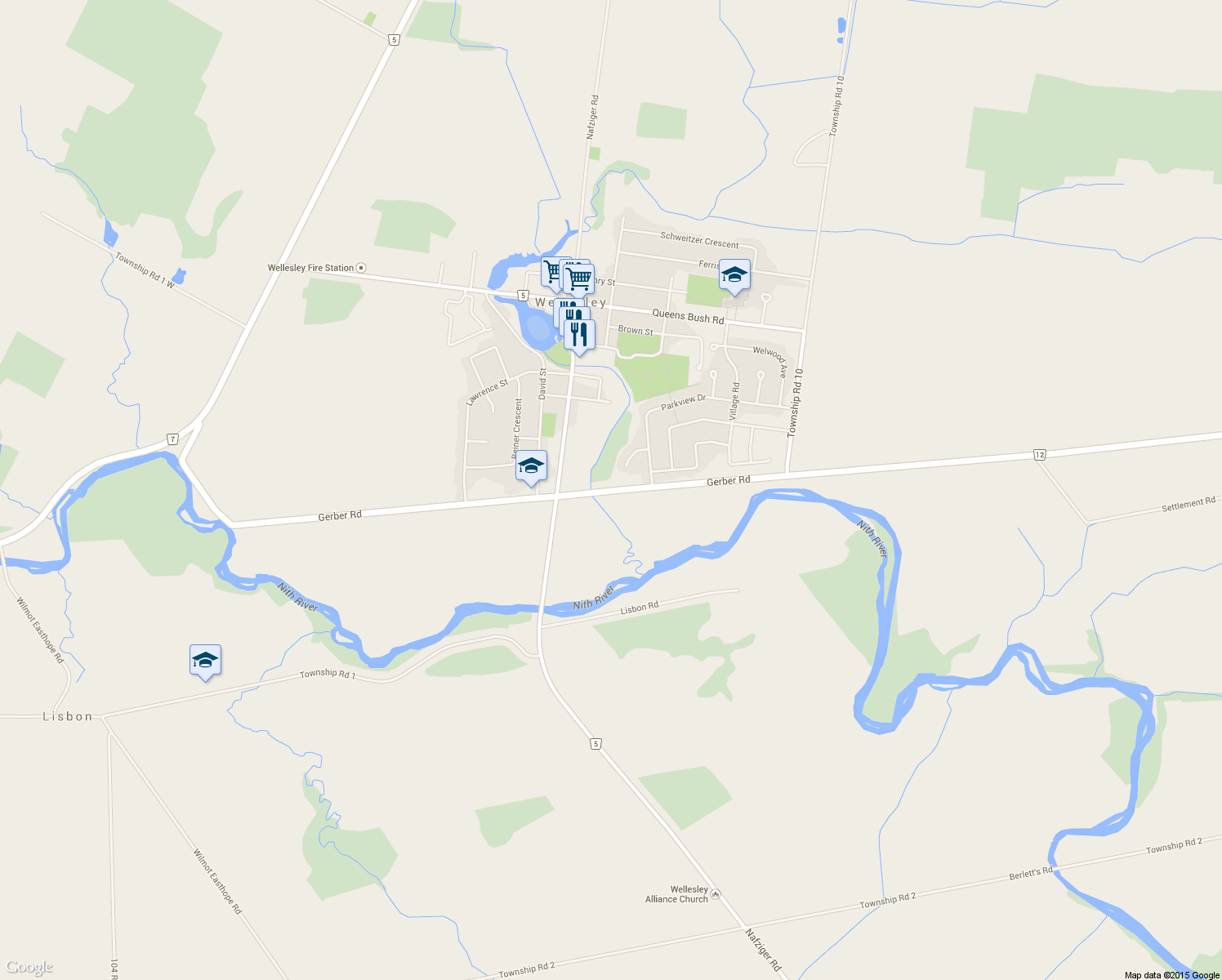 map of restaurants, bars, coffee shops, grocery stores, and more near 2157 Gerber Road in Wellesley