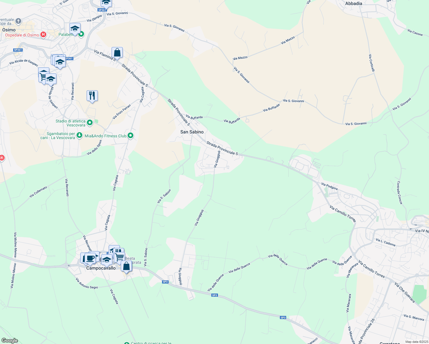 map of restaurants, bars, coffee shops, grocery stores, and more near 19 Via Giuggioli in Provincia di Ancona