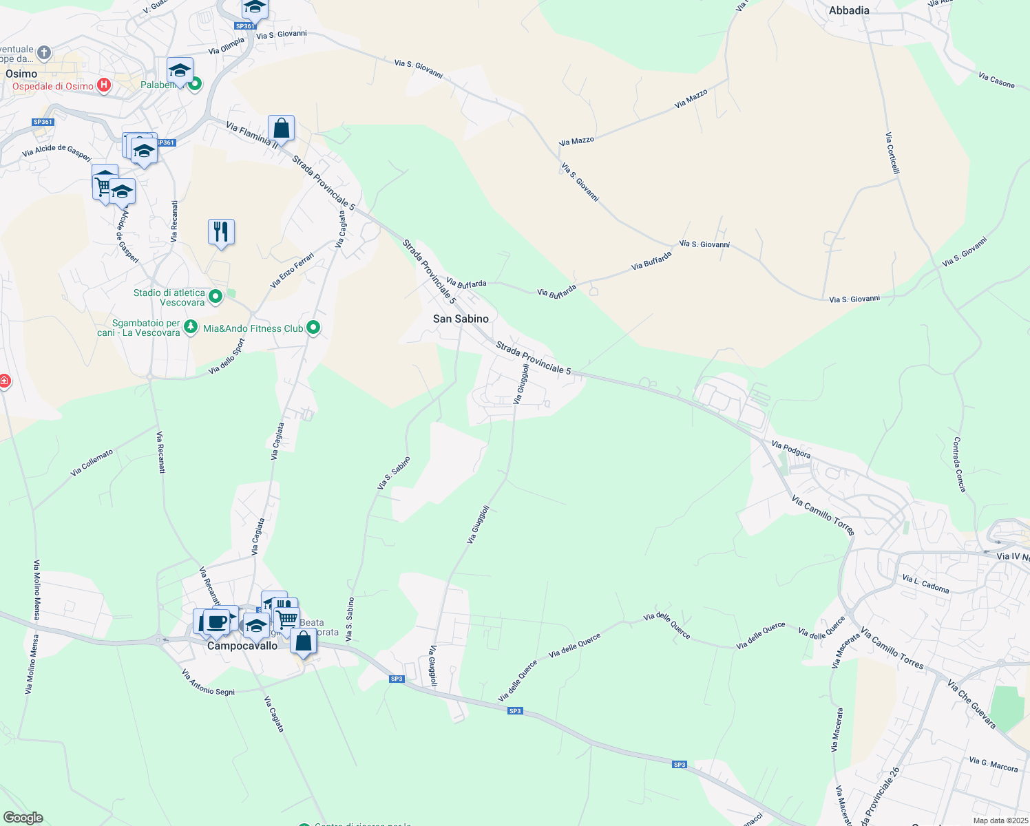 map of restaurants, bars, coffee shops, grocery stores, and more near 19 Via Giuggioli in Provincia di Ancona