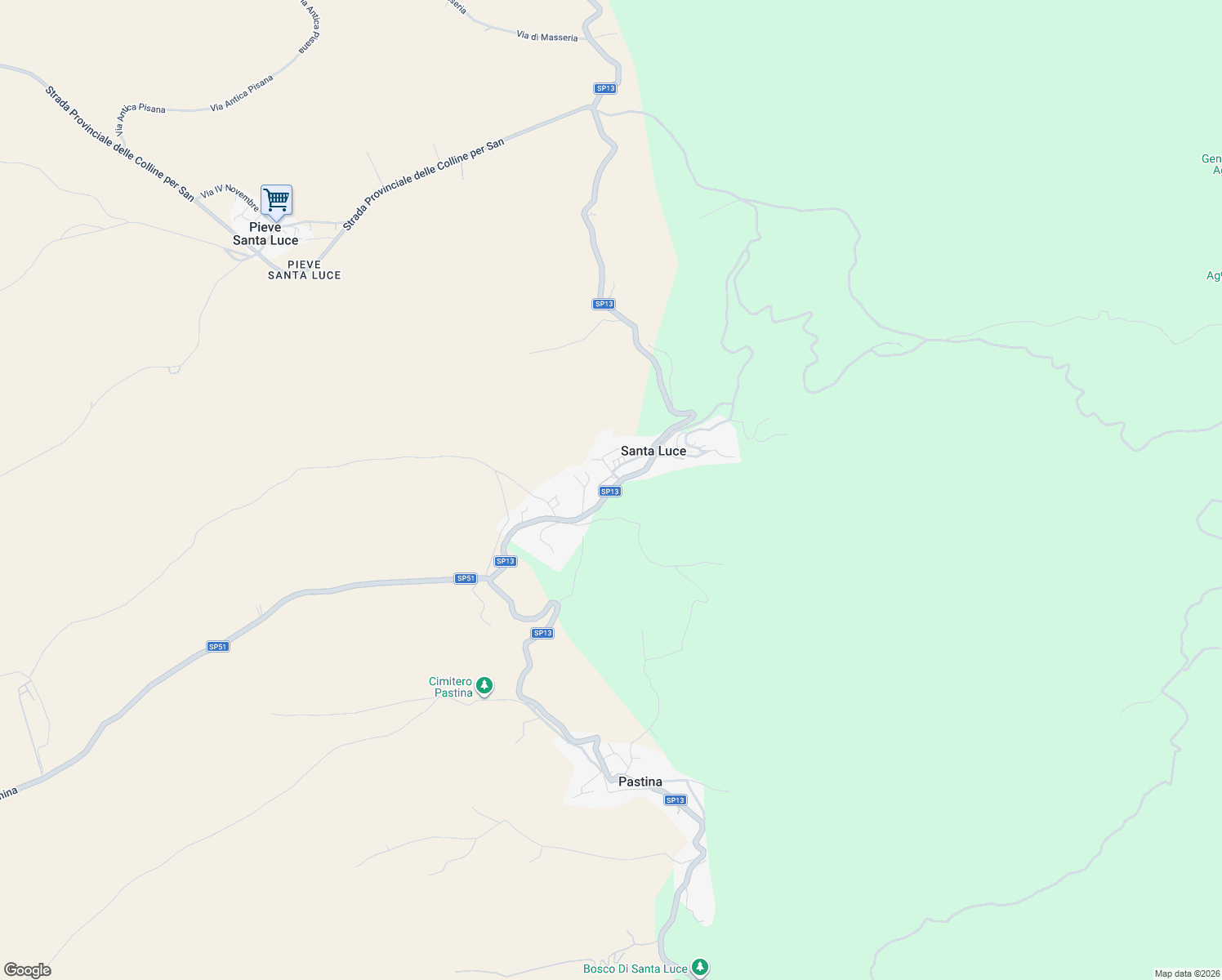 map of restaurants, bars, coffee shops, grocery stores, and more near 4 Via del Commercio Sud in Santa Luce