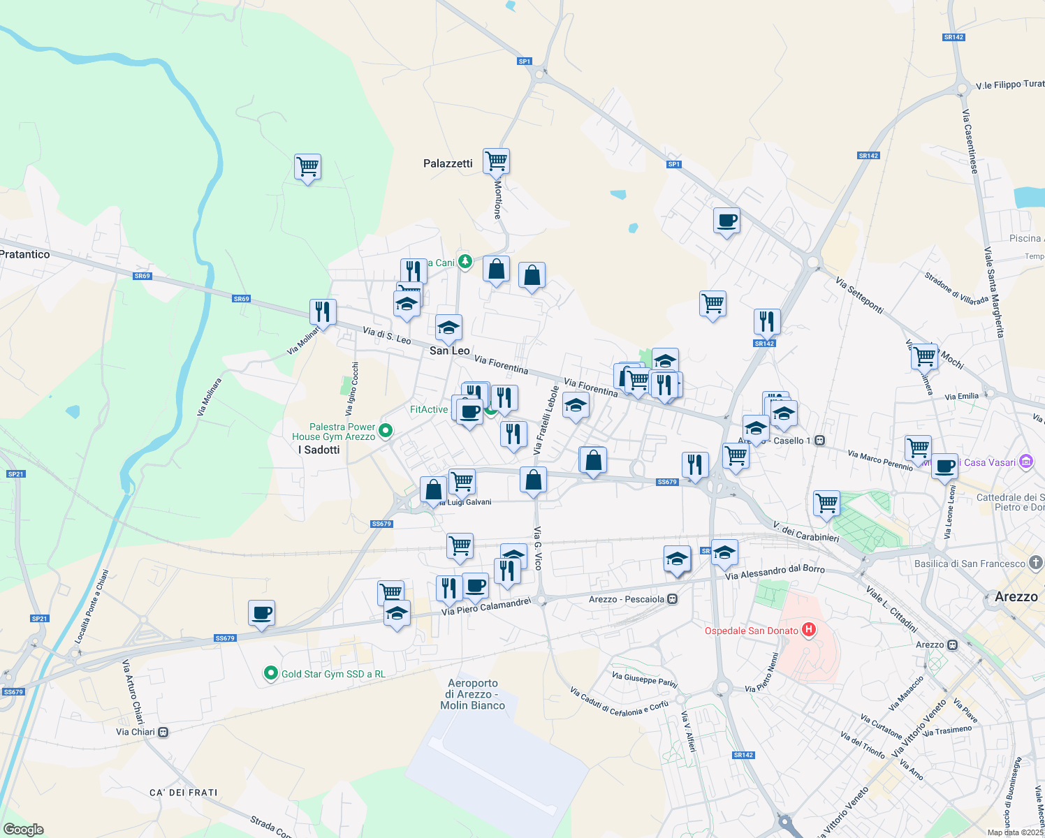 map of restaurants, bars, coffee shops, grocery stores, and more near Via Fratelli Lumiere in Arezzo