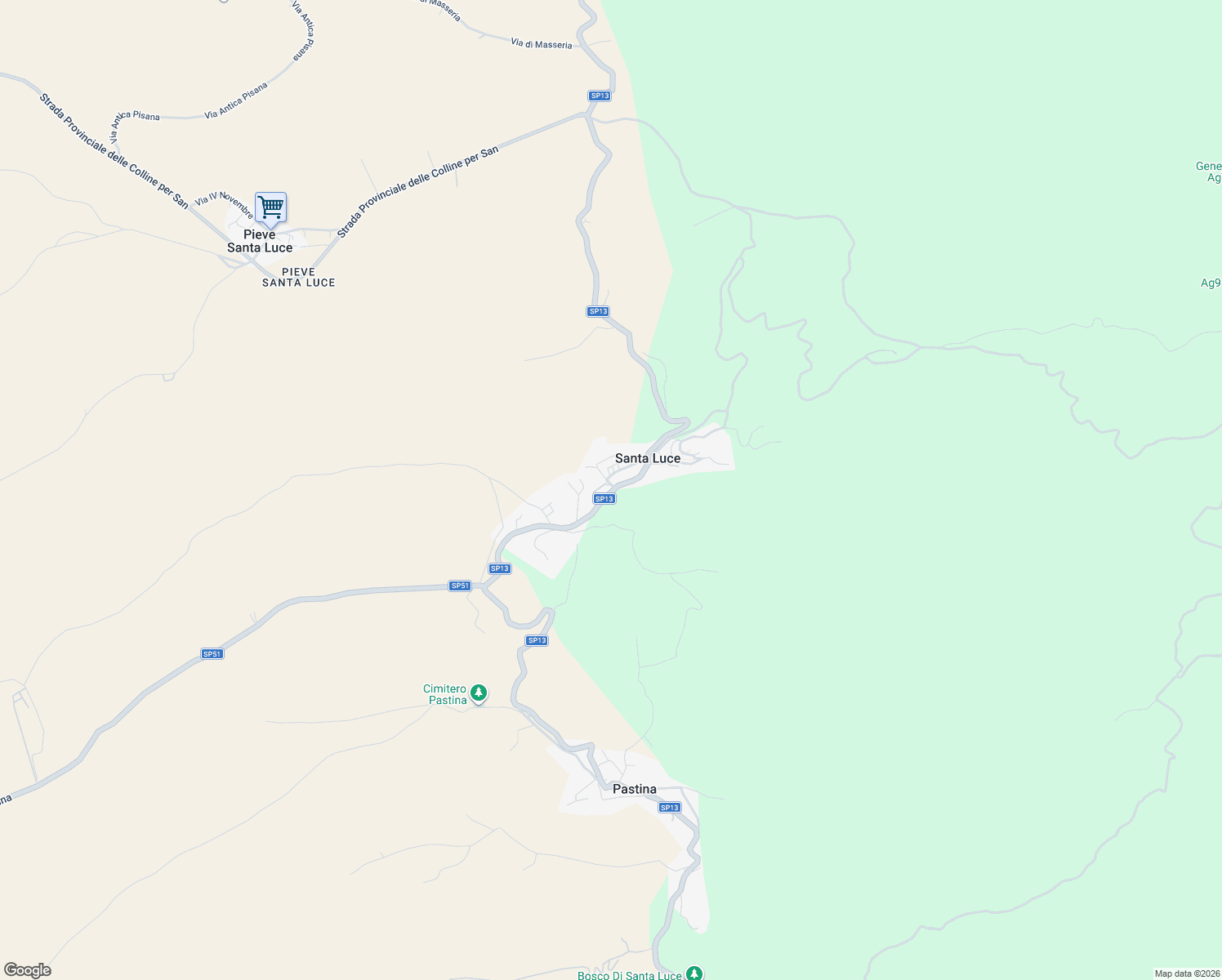 map of restaurants, bars, coffee shops, grocery stores, and more near 4 Via del Commercio Sud in Santa Luce