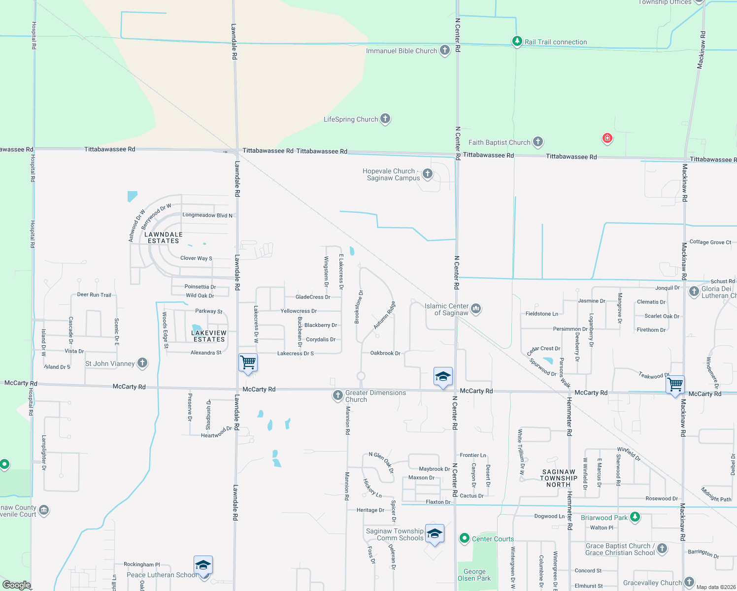 map of restaurants, bars, coffee shops, grocery stores, and more near 4414 Brookstone Drive in Saginaw