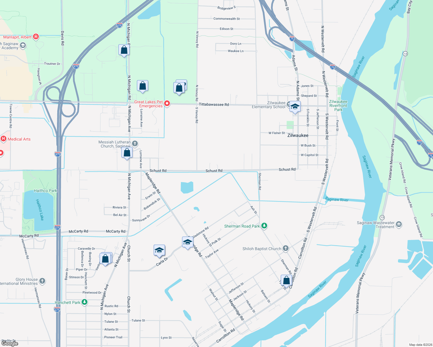 map of restaurants, bars, coffee shops, grocery stores, and more near 911 Schust Road in Saginaw