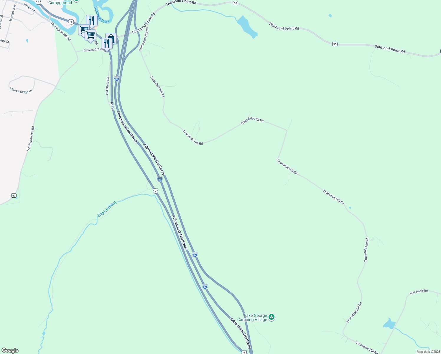 map of restaurants, bars, coffee shops, grocery stores, and more near 641 Truesdale Hill Rd in Lake George