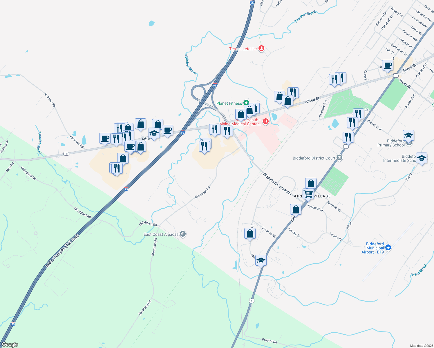 map of restaurants, bars, coffee shops, grocery stores, and more near 30 Mountain Road in Biddeford