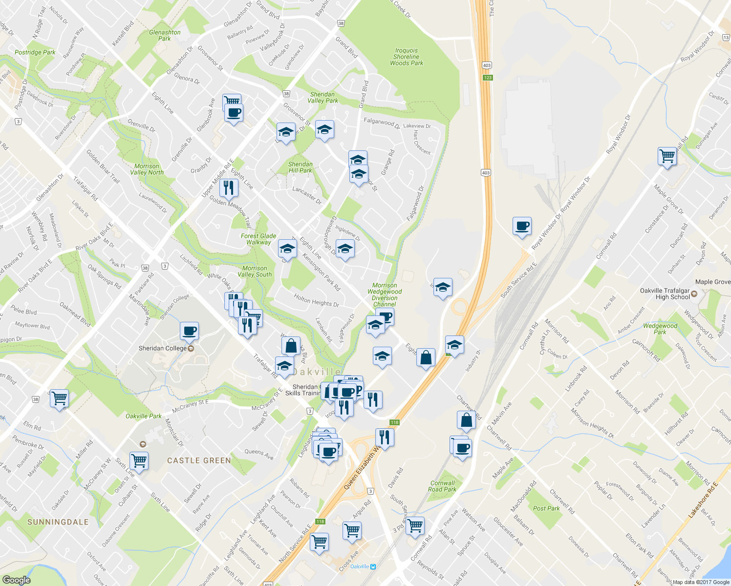 map of restaurants, bars, coffee shops, grocery stores, and more near 1007 Falgarwood Drive in Oakville