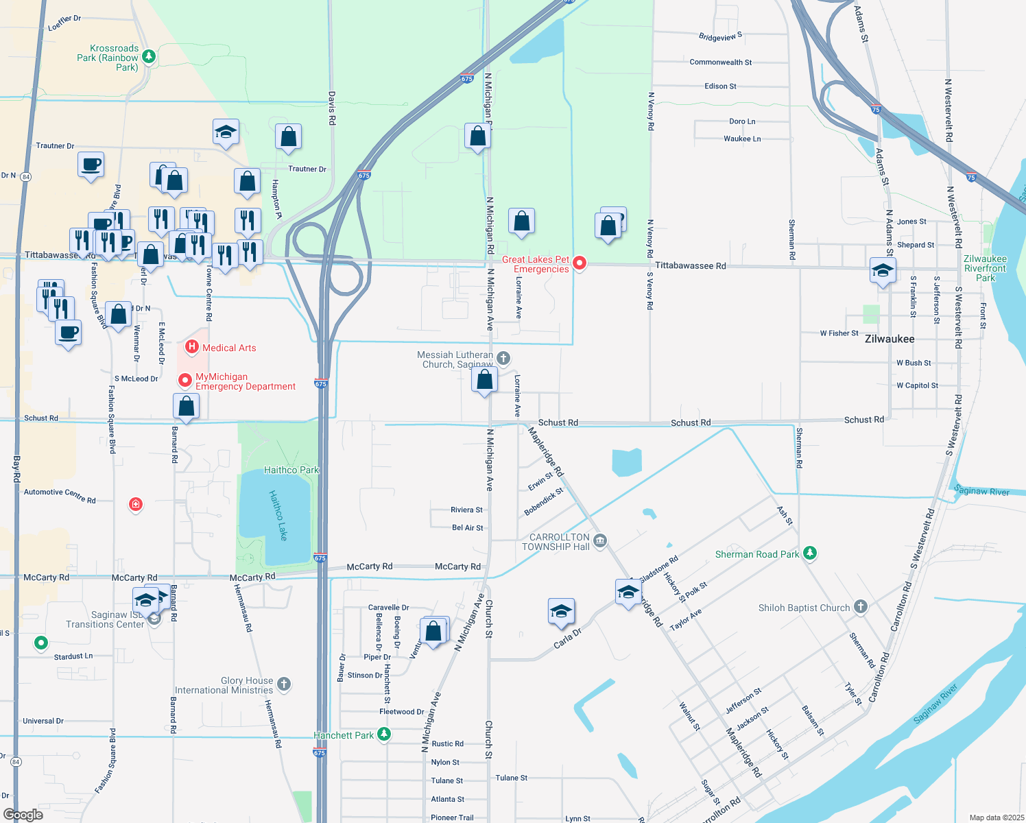 map of restaurants, bars, coffee shops, grocery stores, and more near 4529 Lorraine Avenue in Saginaw