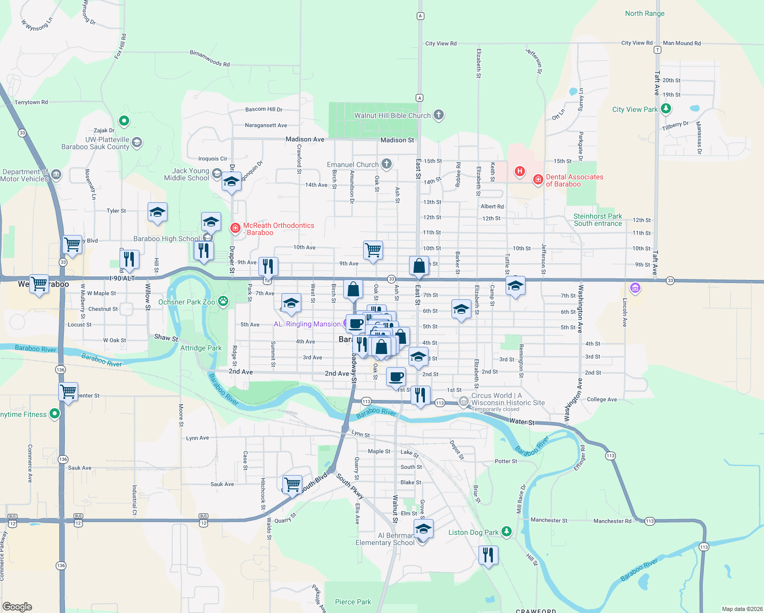 map of restaurants, bars, coffee shops, grocery stores, and more near 111 6th Street in Baraboo